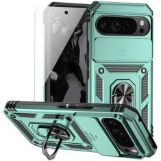 Capa para Google Pixel 9 Pro XL com capa de lente de câmera HD, camada dupla de nível militar, suporte de anel magnético testado contra quedas, suporte de suporte, capa protetora para celular para