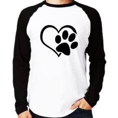 Camiseta Raglan Coração Patinha Manga Longa - Foca na Moda, Branco, Pr