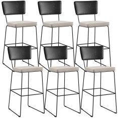 Kit 06 Banquetas Altas Cozinha Allana L02 Preto Linho Cru
