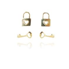 Brinco Duo Chave E Cadeado Banhado Em Ouro 18k - Floratta Joias