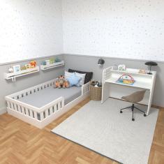 Conjunto Infantil de Cama Montessoriana e Escrivaninha com Regulagem de Altura Branco