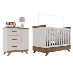 Berço Americano Vitória e Cômoda Infantil Retrô Maya Off White Carvalh