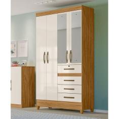 Guarda Roupa Solteiro Moval Sobral Freijó Off White 4 Portas 4 Gavetas c/ Espelho