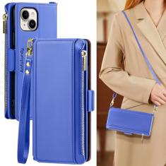 Antsturdy Capa carteira para iPhone 14 Plus feminina masculina 【bloqueio RFID】 Capa tiracolo de couro PU para Apple iPhone 14 Plus com zíper com alça de pulso flip capa fólio suporte para cartão de