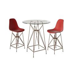 Jogo Mesa Bistrô Eames Vidro 60Cm 2 Banquetas Vermelha Base Ferro Cobr