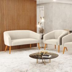 Sofá 2 Lugares 1 Poltrona Stella Pés Palito Castanho Bouclê Bege D03 -