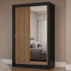 Guarda-Roupa Solteiro 2 Portas de Correr com Espelho Preto/Rustic Milano Madesa
