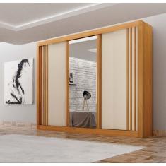 Guarda Roupa Casal Milano 3 Portas 4 Gavetas MDF com Espelho Cinamomo-Off White Leifer Móveis