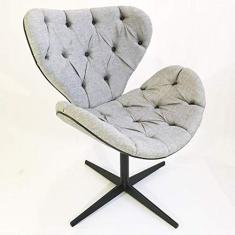 Poltrona Sala de Estar SWAN capitonê tecido linho cinza botões e cordão pretos - Poltronas do Sul