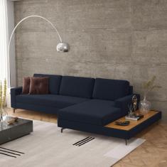 Sofá em Linho 322cm Chaise Direito e Deck Loft Azul Marinho