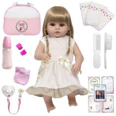 Boneca Reborn Loira Toda de Vinil Pode Dar Banho Acessórios - Cegonha 