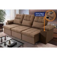 Sofá Retrátil Reclinável Verona USB + Porta Copo 2,30m Suede Velut Beg