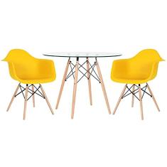 Loft7, Mesa redonda Eames com tampo de vidro 100 cm + 2 cadeiras Eiffel Daw amarelo
