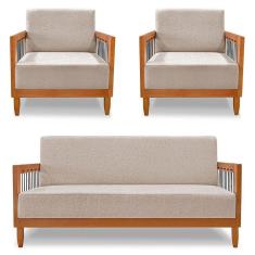 Kit 2 Poltronas E Sofá Living 2 Lugares Marilia 1,60m Linho Base Em Madeira Castanho - Pallazio Cor Areia