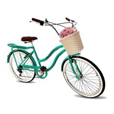 Bicicleta aro 26 feminina retrô com cesta tipo vime 6v verde