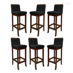 Kit 6 Banquetas Alta para Ilha de Cozinha Nice Madeira Castanho Matelassê Suede Preto CCS
