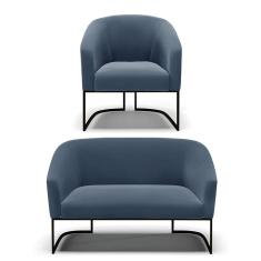 Sofá Namoradeira E Poltrona Base Industrial Preto Stella Suede D03 - D`rossi Cor Azul Marinho