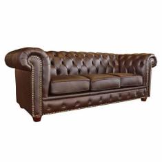 Sofá 3 Lugares Sala de Estar Chesterfield Pés Madeira Couro Tabaco Bri
