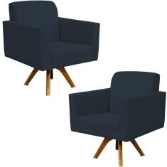 Kit 02 Poltronas Giratória Base Madeira Suede Azul Marinho