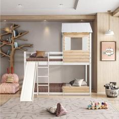 Beliche Montessoriano Club House Wood com Escorregador Casatema Branco/Marroml