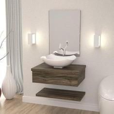 Bancada para Banheiro com Cuba Abaulada L42 Prateleira e Espelheira 606w Metrópole Compace Carvalho Dark