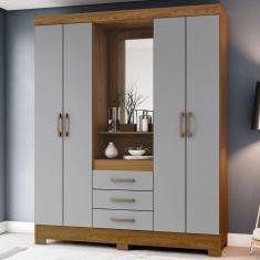 Guarda-Roupa Solteiro 4 Portas 3 Gavetas com Espelho Nature/Cinza - Briz