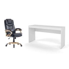 conjunto de mesa marselha branca com cadeira de escritório presidente giratória com relax clark preta e dourada