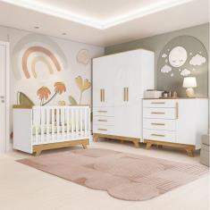 Quarto de Bebê Completo com Cômoda Berço e Guarda Roupa 100% Mdf Retrô Kakau Espresso Móveis Branco Brilho/Amêndoa