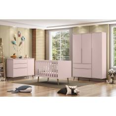 Quarto Para Bebê Completo Melinda Rosê Com Roupeiro, Cômoda E Berço Rose