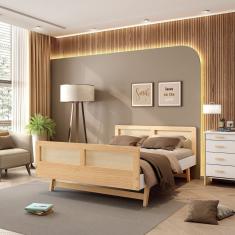 Cama Casal Lift Em Madeira Maciça Com Rattan Casatema Branco-natural