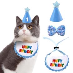 IDOLPET Artigos de festa de aniversário para cães, gatos, bandana, chapéu de babador, coleira fofa com gravata borboleta para gatos, filhotes, cães pequenos e coelhos
