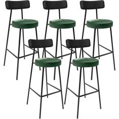 Kit 05 Banquetas Alta Bar Cozinha Sala Jantar Milão L02 Couríssimo Preto Facto Verde - Lyam Decor
