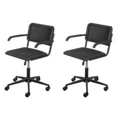 Kit 2 Cadeiras para Escritório Palhinha com Braço e Base Rodízio Cesca Preto