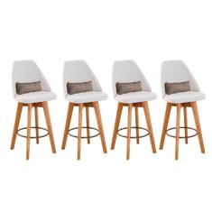 Kit 04 Banquetas Alta Maya Giratória Com Encosto Gourmet Linho Bege e Almofada Suede Bege - Aurora Line