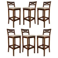 Kit 6 Banquetas Média Estofada para Bancada Madri Madeira Castanho Sue
