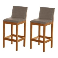 Kit 2 Banquetas Alta Luxo Pérola com Encosto Estofada em Linho Bege Madeira Maciça Castanho