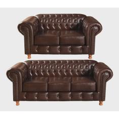 Conjunto Sofá Luís Xv 2 E 3 Lugares Chesterfield Capitonê courino café