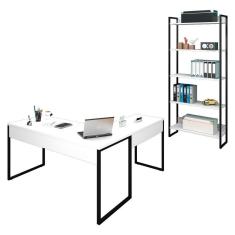 Mesa em L e Estante para Escritório Studio Industrial Branco
