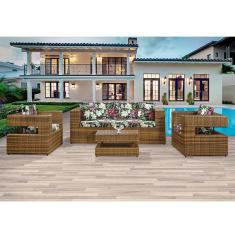 Conjunto Sofá Namoradeira 3 Lugares + 2 Poltronas + Mesa Centro em Aço e Junco Camburiú Imbuia