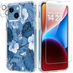 bicol Capa para iPhone 13 Mini com protetor de tela e lente de câmera - Design floral de flores elegantes para mulheres e meninas - Capa de telefone transparente de acrílico à prova de choque de 5,4
