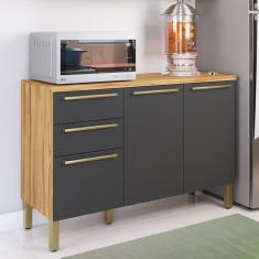 Balcão De Cozinha 120cm Com 3 Portas 2 Gavetas E Tampo 100% Mdf Itália Amêndoa-chumbo