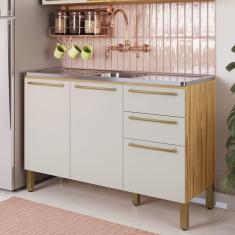 Balcão De Cozinha Para Pia 120cm Com 3 Portas 2 Gavetas Sem Tampo 100% Mdf Itália Amêndoa-off White