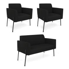 Sofá Namoradeira E 2 Poltronas Pé De Ferro Preto Marisa Linho D03 - D'rossi Cor Preto