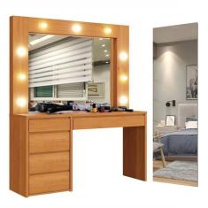 Conjunto Penteadeira Camarim 184x136cm Anne E Espelho Retangular 180cm Flora Naturale