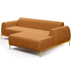 Sofá 5 Lugares Chaise Direito Sala Molino 300cm D02 Pés de ouro Couríssimo Whisky B-90