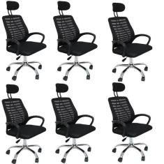 Kit 6 Cadeiras Office Presidente Com Encosto E Rodízios Cádis Preto