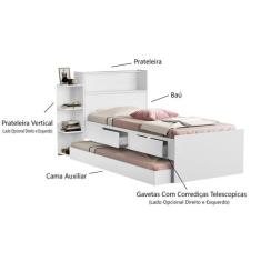 Cama Solteiro Com Auxiliar Bicama Com Gavetas Prateleiras e Bau Para Q