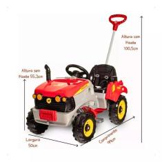 Trator quadriciclo carrinho a pedal com empurrador e apoio de pés Calesita Tracamp Vermelho