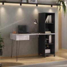 Escrivaninha com Estante 4 Nichos e 1 Gaveta com Tampo Concreto 137cm Fusion Concreto/Preto