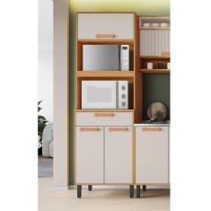 Paneleiro Torre Quente 3 Portas 1 Gaveta 2 Nichos para Forno e Microondas Nápoles Cinamomo/Off White